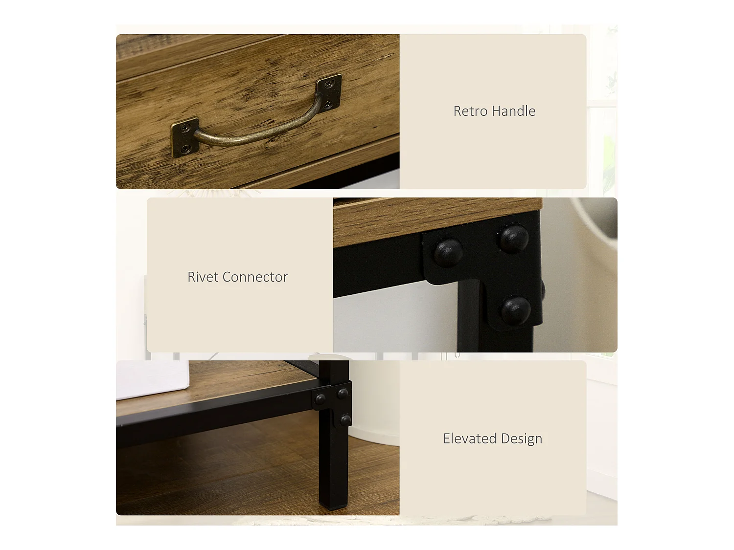 Table console avec 2 tiroirs, étagère inférieure, métal et bois, vintage, noir et brun (100x35x76.5 cm)