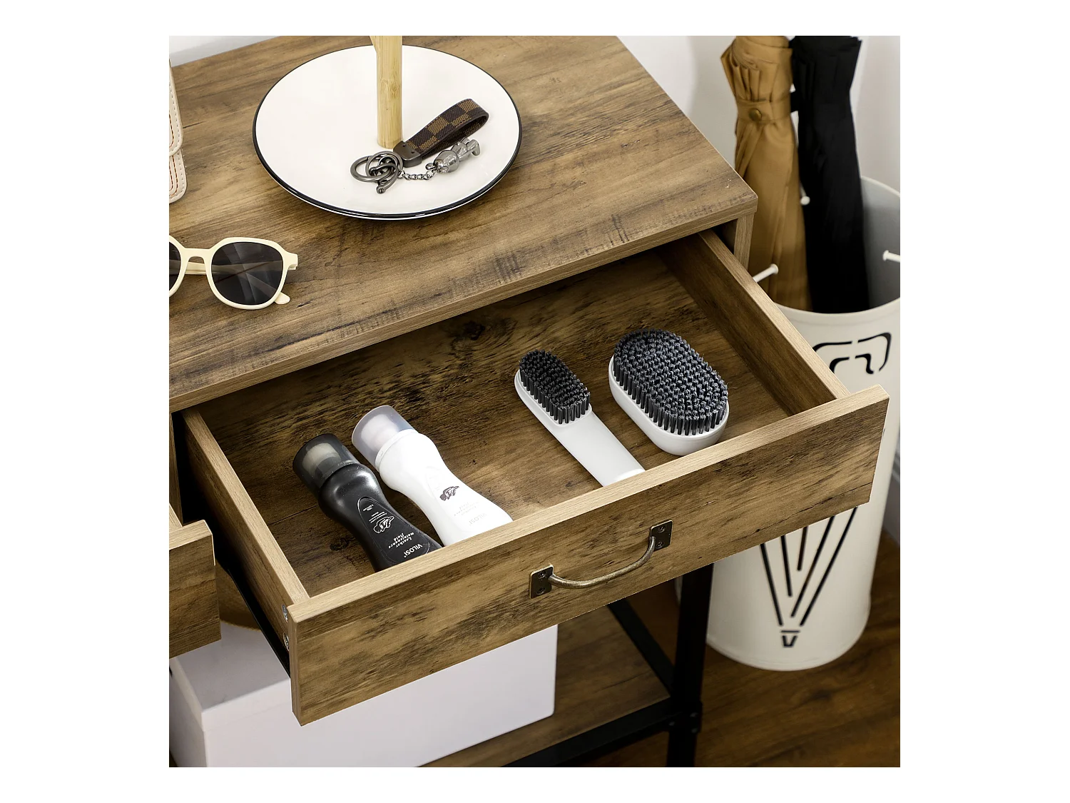 Table console avec 2 tiroirs, étagère inférieure, métal et bois, vintage, noir et brun (100x35x76.5 cm)