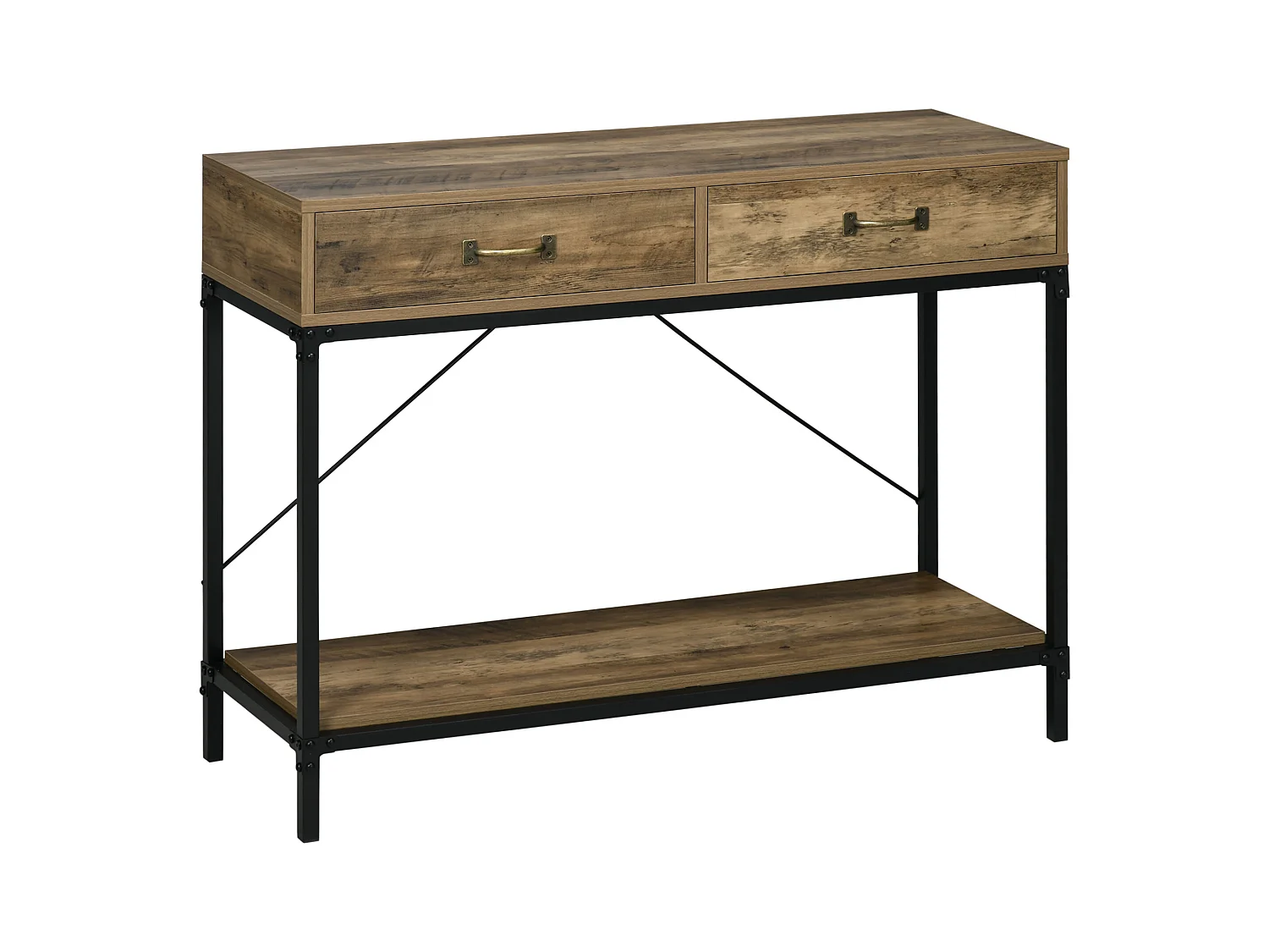 Consolle con 2 cassetti, ripiano inferiore, metallo e legno, vintage, nero e marrone (100x35x76,5 cm)