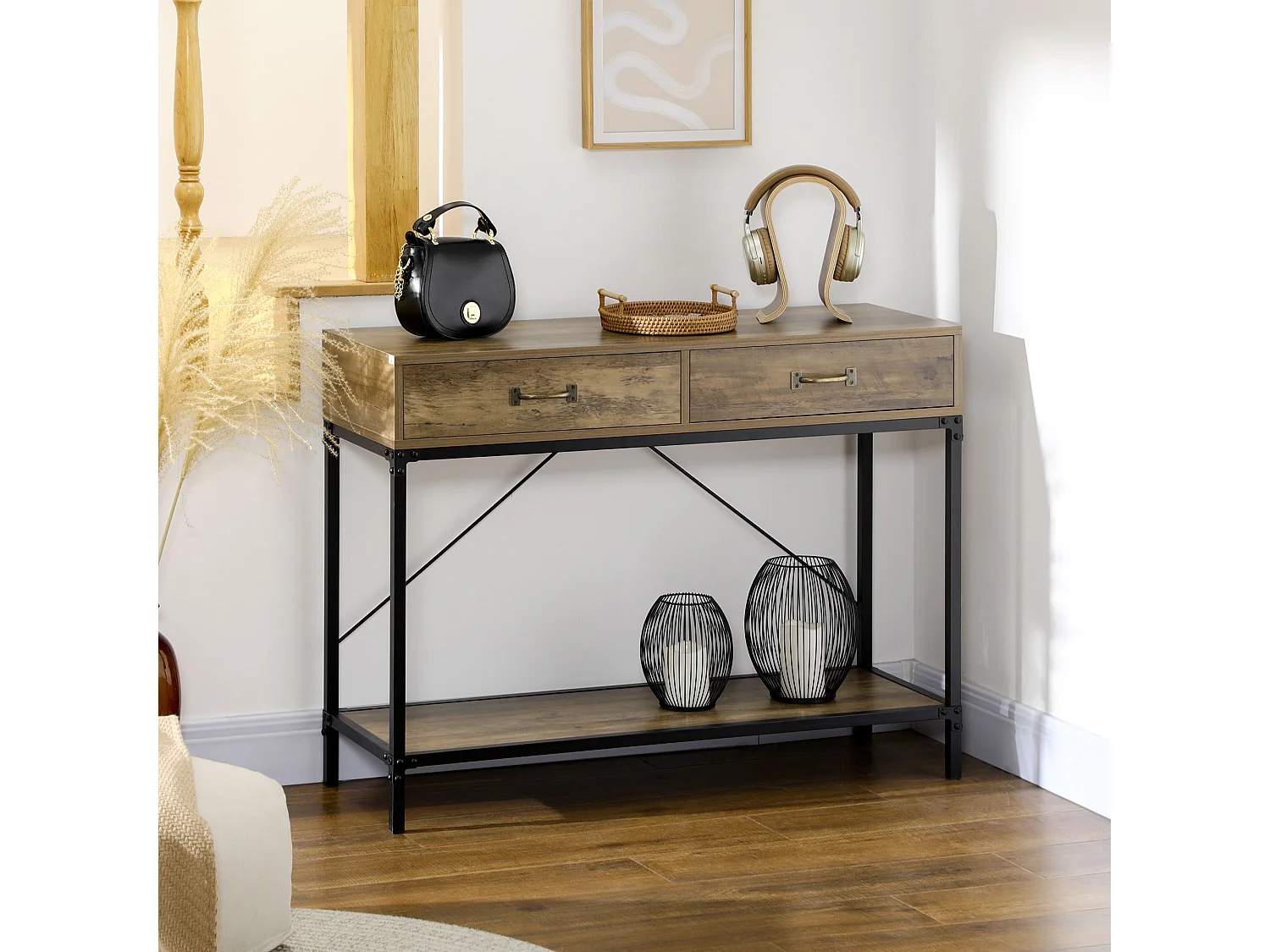 Consoletafel met 2 lades, onderplank, metaal en hout, vintage, zwart en bruin (100x35x76,5 cm)