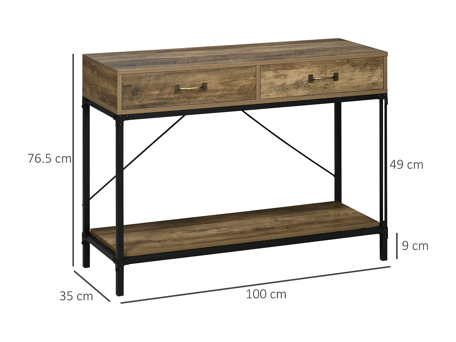Consoletafel met 2 lades, onderplank, metaal en hout, vintage, zwart en bruin (100x35x76,5 cm)