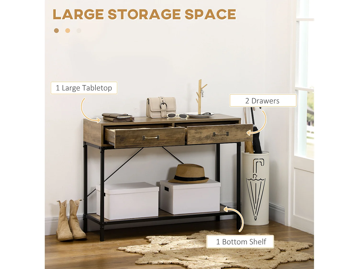 Consoletafel met 2 lades, onderplank, metaal en hout, vintage, zwart en bruin (100x35x76,5 cm)