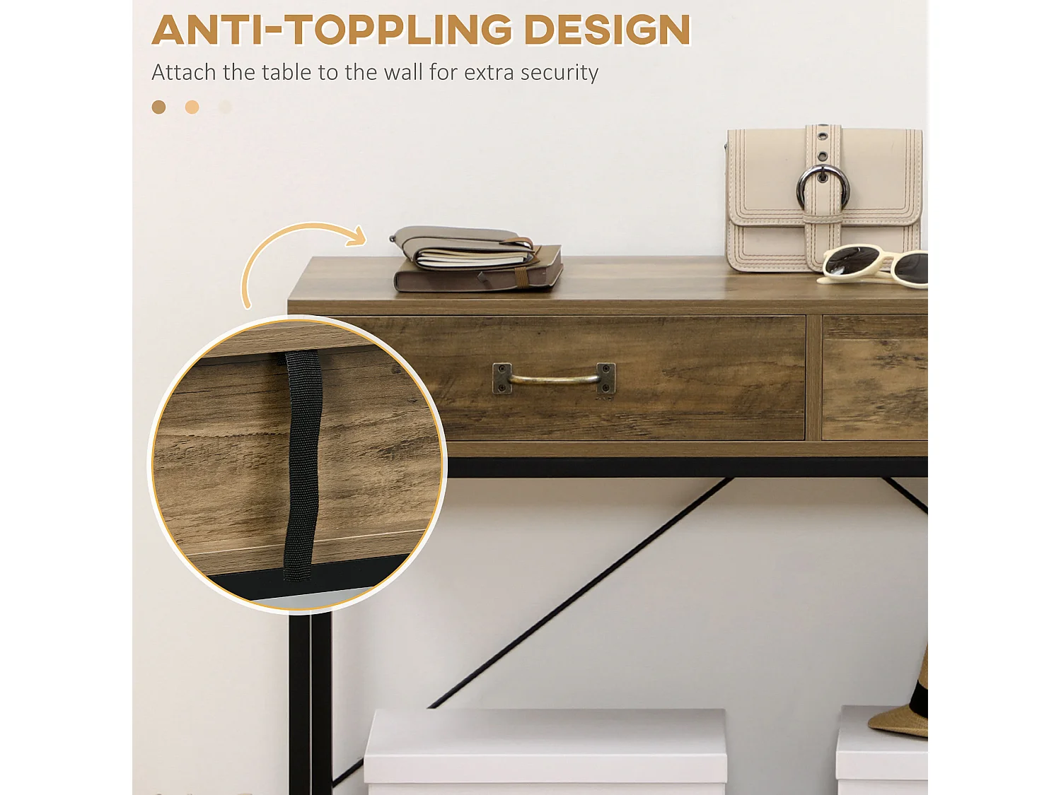 Consoletafel met 2 lades, onderplank, metaal en hout, vintage, zwart en bruin (100x35x76,5 cm)