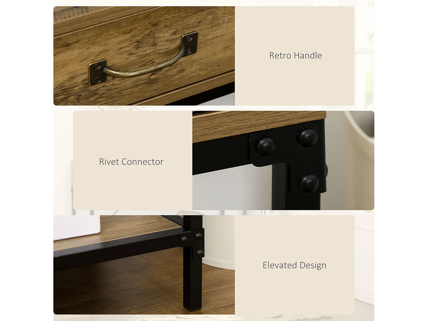 Consoletafel met 2 lades, onderplank, metaal en hout, vintage, zwart en bruin (100x35x76,5 cm)