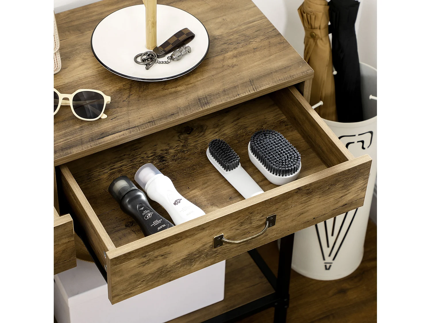 Consoletafel met 2 lades, onderplank, metaal en hout, vintage, zwart en bruin (100x35x76,5 cm)