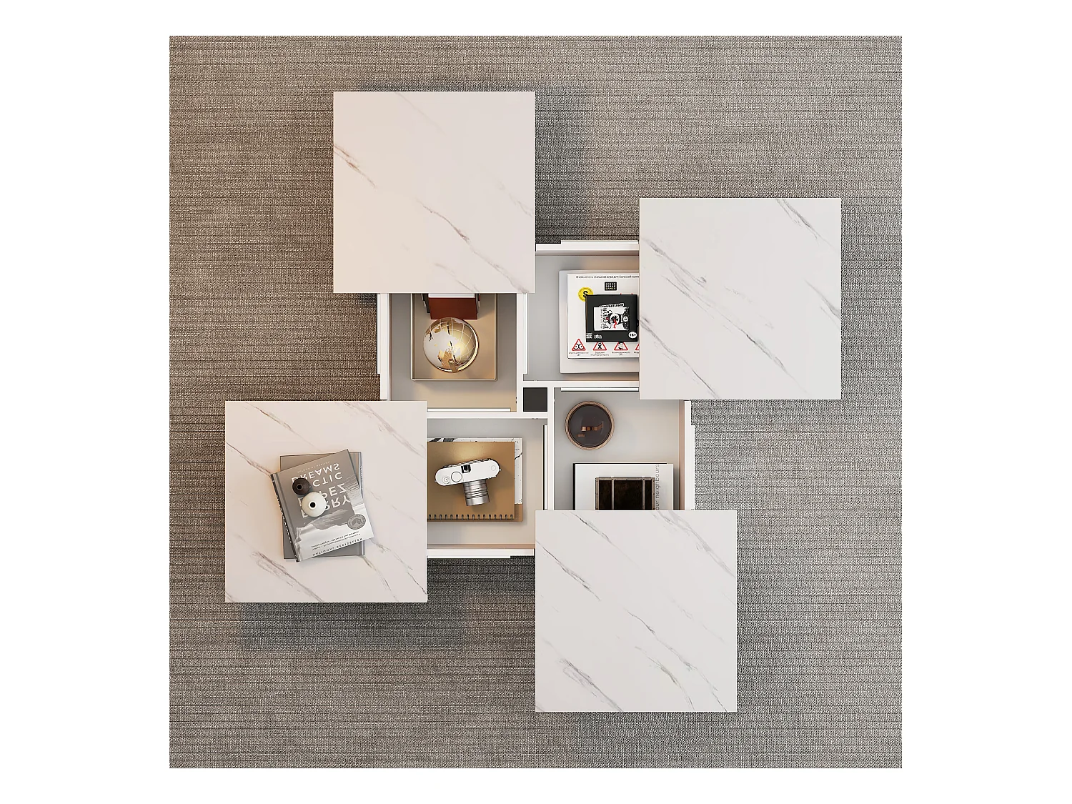 Mesa de centro cuadrada efecto mármol blanco, 4 cajones deslizantes, tablero de partículas (90x90x25cm)