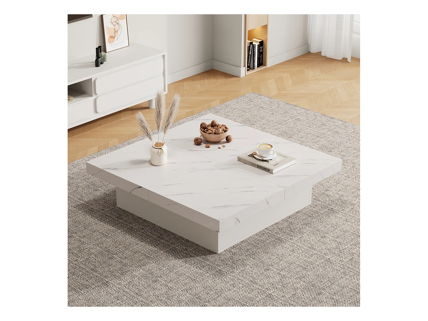 Mesa de centro cuadrada efecto mármol blanco, 4 cajones deslizantes, tablero de partículas (90x90x25cm)