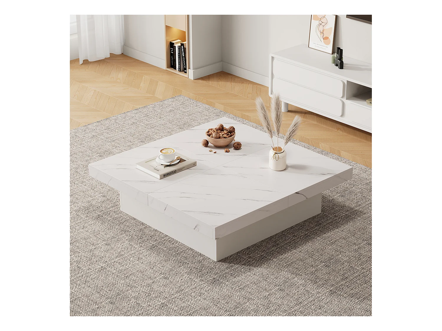 Mesa de centro cuadrada efecto mármol blanco, 4 cajones deslizantes, tablero de partículas (90x90x25cm)