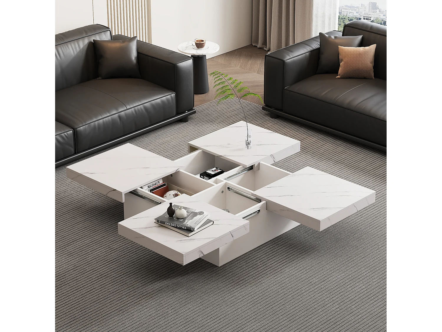 Table basse carrée blanche effet marbre, 4 tiroirs coulissants, panneaux de particules (90x90x25cm)