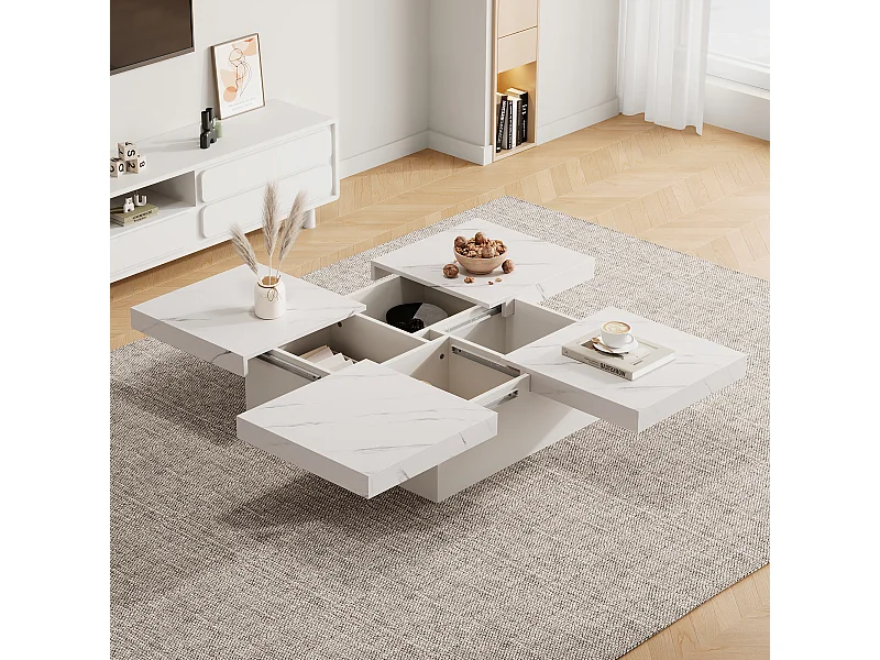 Table basse carrée blanche effet marbre, 4 tiroirs coulissants, panneaux de particules (90x90x25cm)