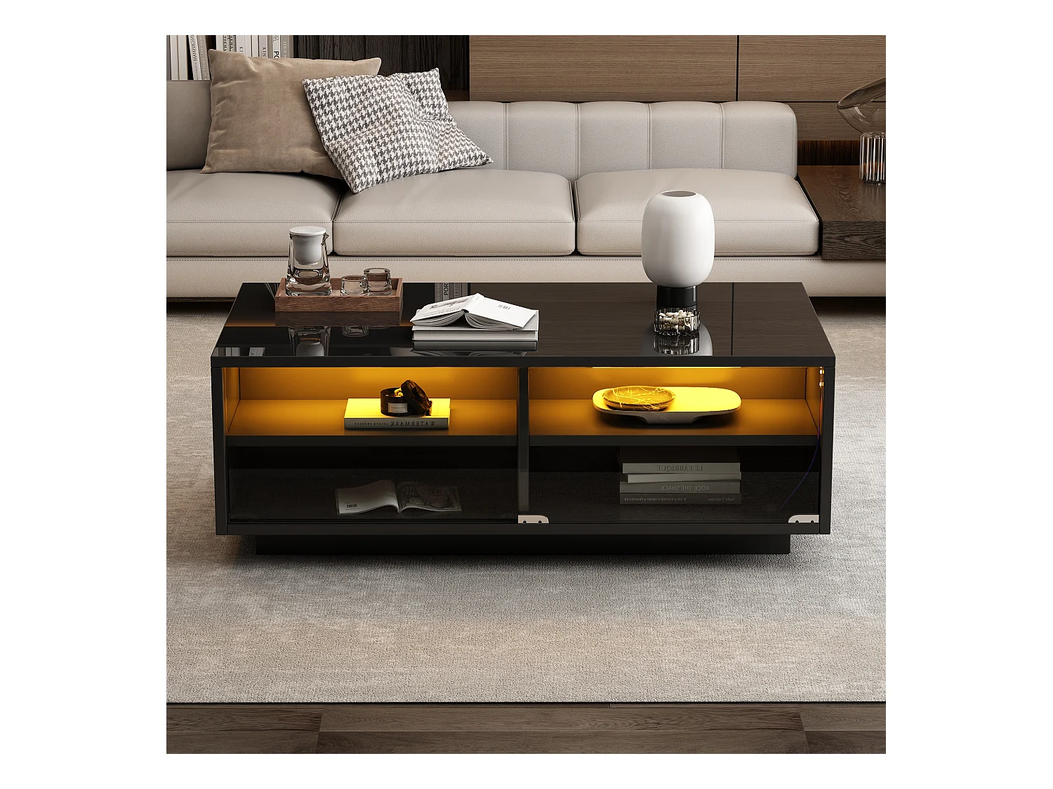 Table basse design moderne, plateau verre trempé noir brillant avec éclairage LED, 2 tiroirs et vitrine (94x50x34cm)