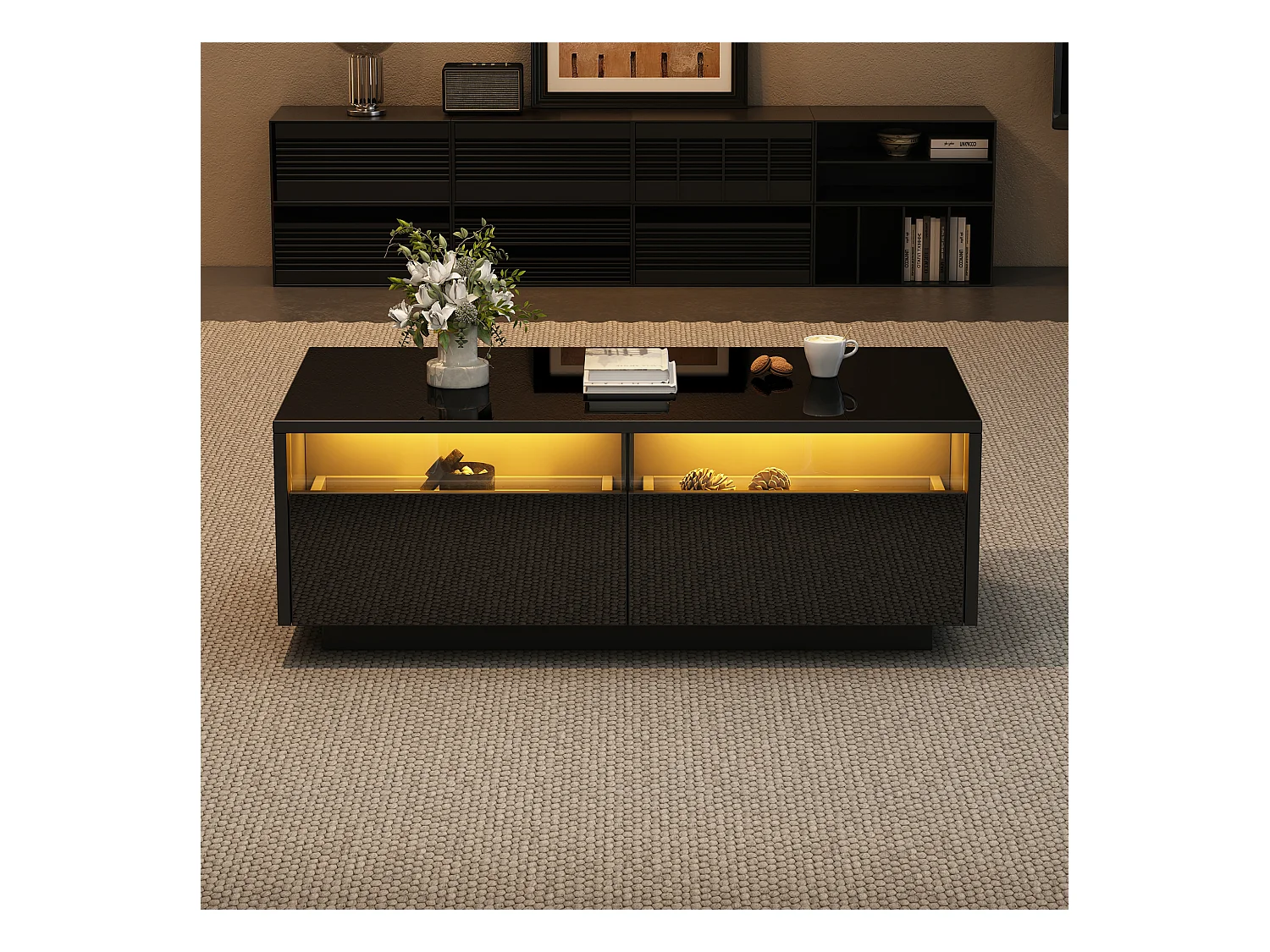 Table basse design moderne, plateau verre trempé noir brillant avec éclairage LED, 2 tiroirs et vitrine (94x50x34cm)