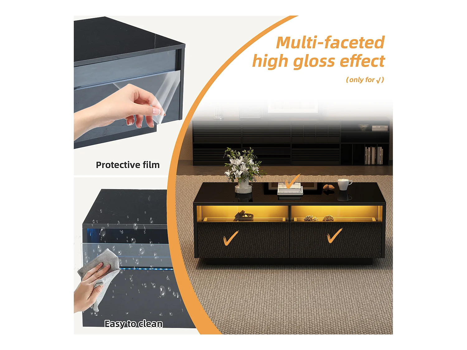 Table basse design moderne, plateau verre trempé noir brillant avec éclairage LED, 2 tiroirs et vitrine (94x50x34cm)