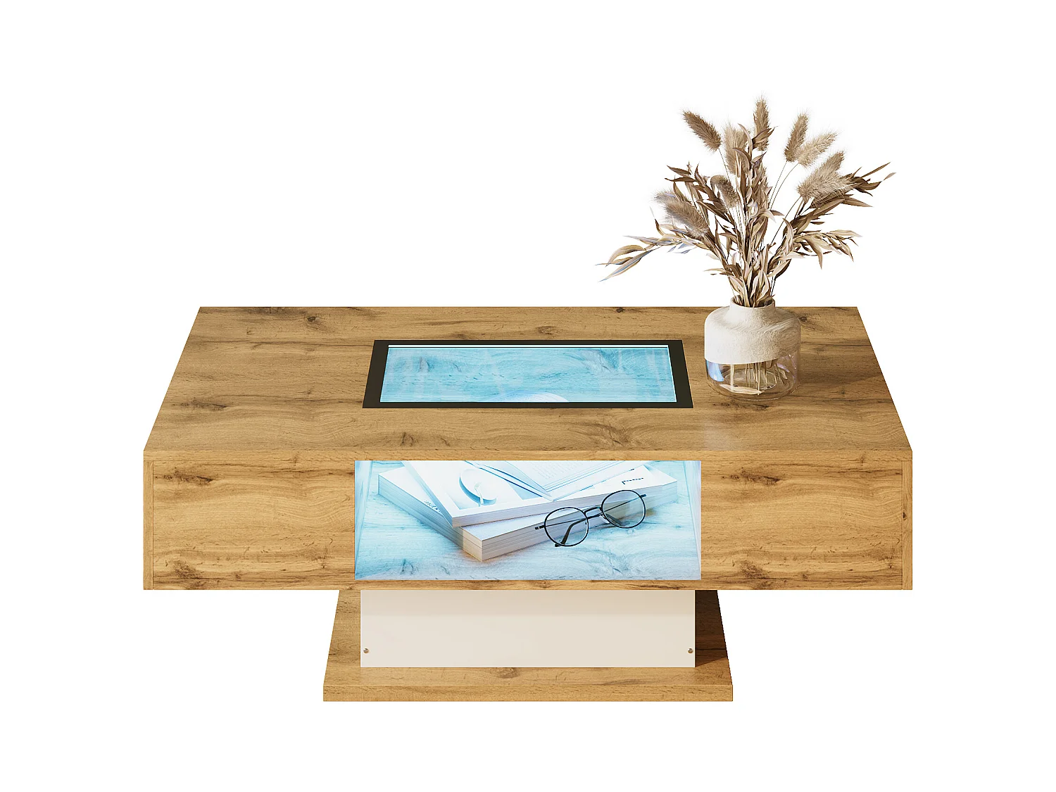 Table basse LED avec éclairage RGB, plateau en verre et 2 tiroirs, panneau de particules, blanc et chêne (110.2x60x39.7 cm)