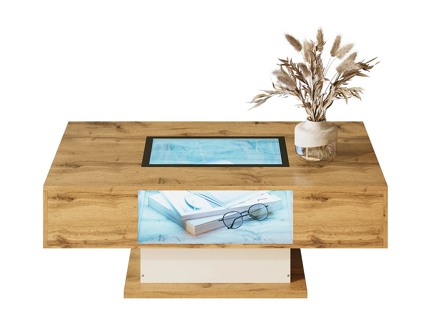 Table basse LED avec éclairage RGB, plateau en verre et 2 tiroirs, panneau de particules, blanc et chêne (110.2x60x39.7 cm)