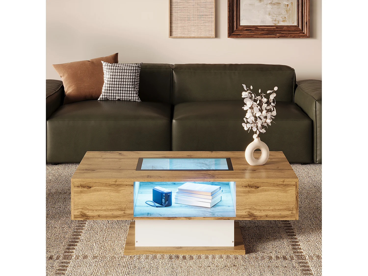 Table basse LED avec éclairage RGB, plateau en verre et 2 tiroirs, panneau de particules, blanc et chêne (110.2x60x39.7 cm)
