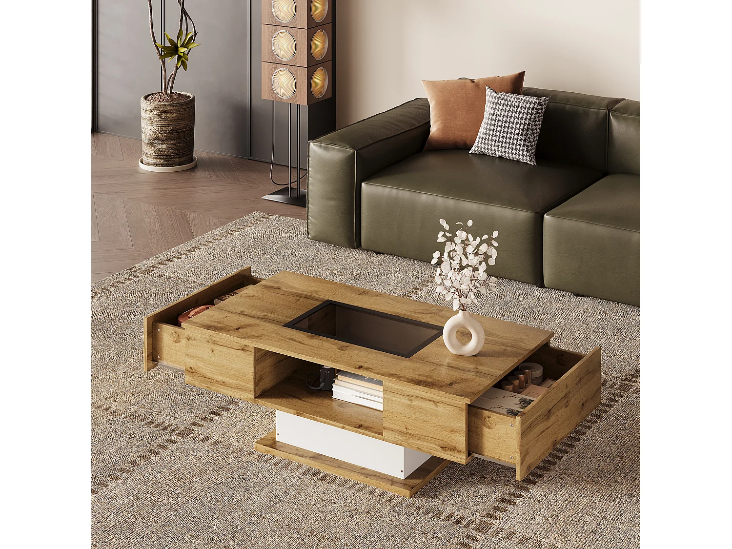 Table basse LED avec éclairage RGB, plateau en verre et 2 tiroirs, panneau de particules, blanc et chêne (110.2x60x39.7 cm)