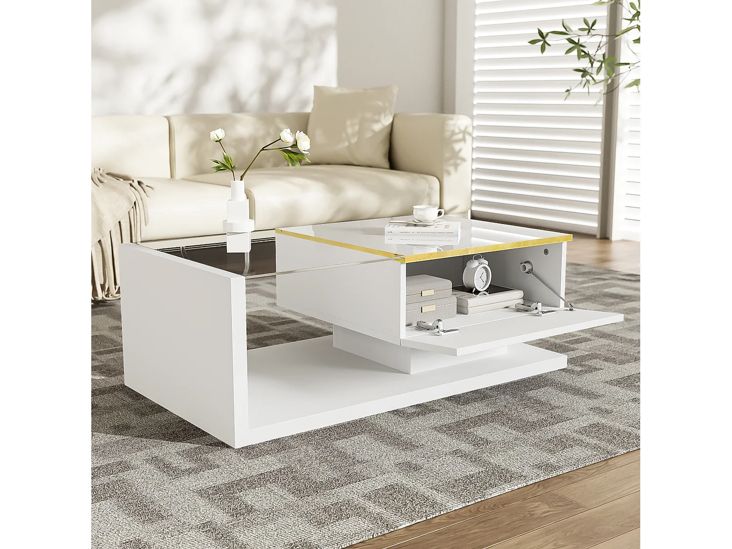 Mesa de centro de diseño moderno con iluminación LED, tapa de cristal y estructura en blanco brillo, tablero de partículas (90x50x32,5cm)