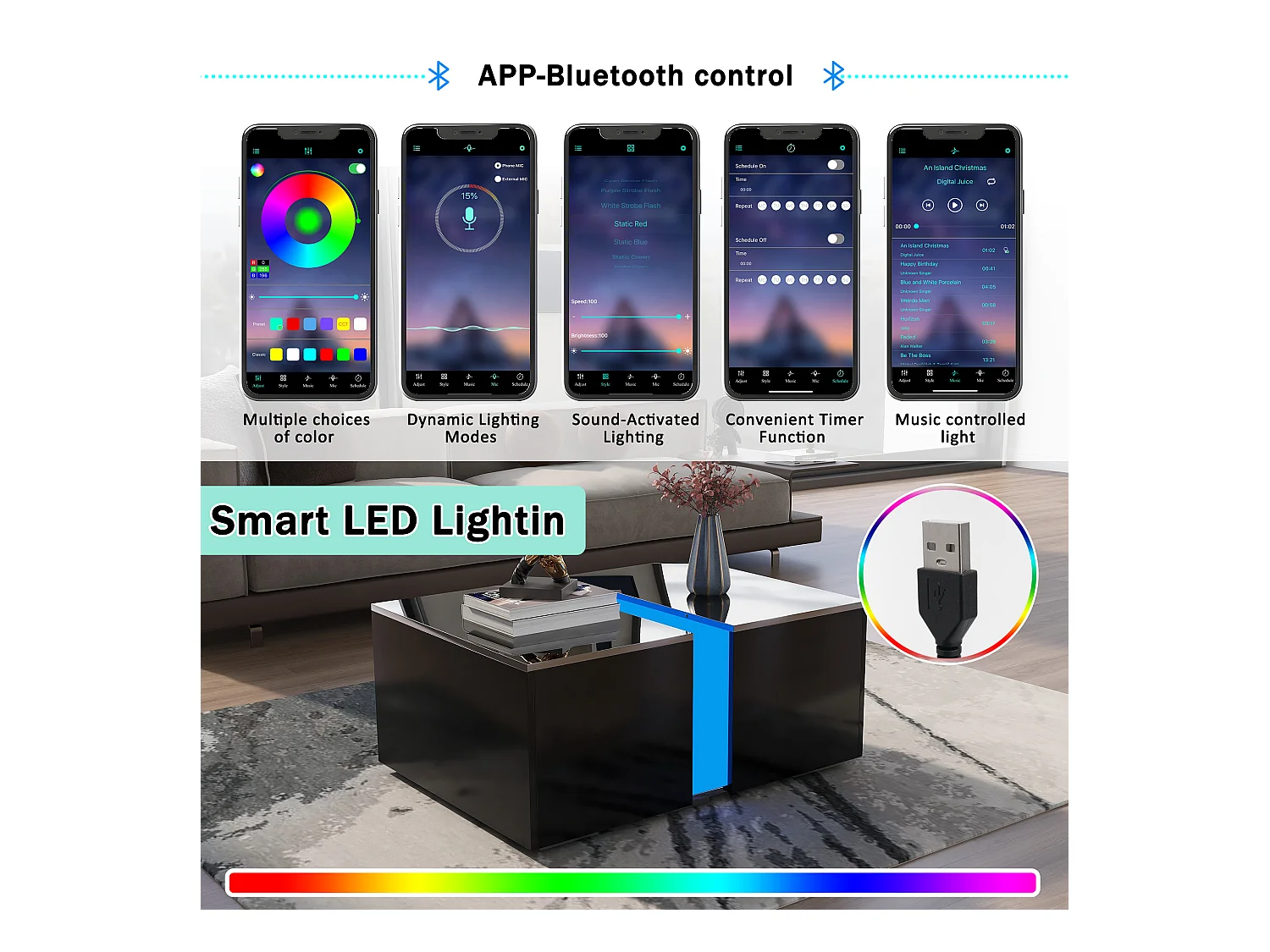 Mesa de centro moderna con LED y almacenaje oculto, aglomerado, color negro (73x60x34 cm)