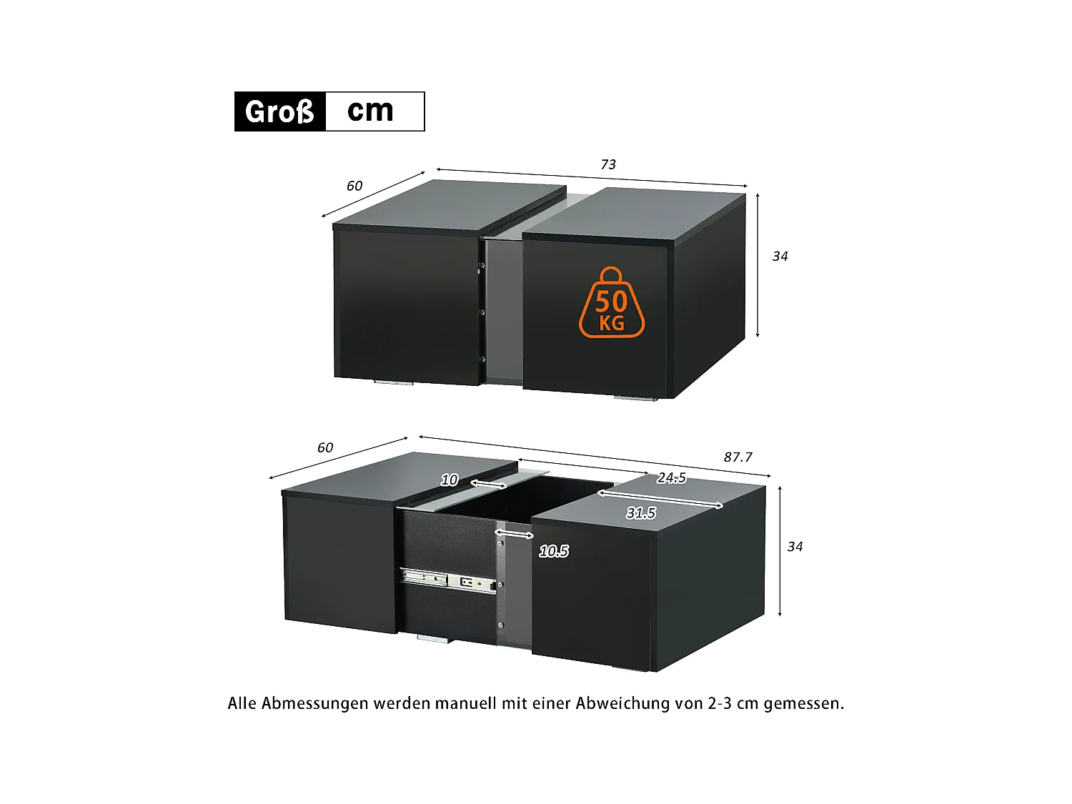Mesa de centro moderna con LED y almacenaje oculto, aglomerado, color negro (73x60x34 cm)
