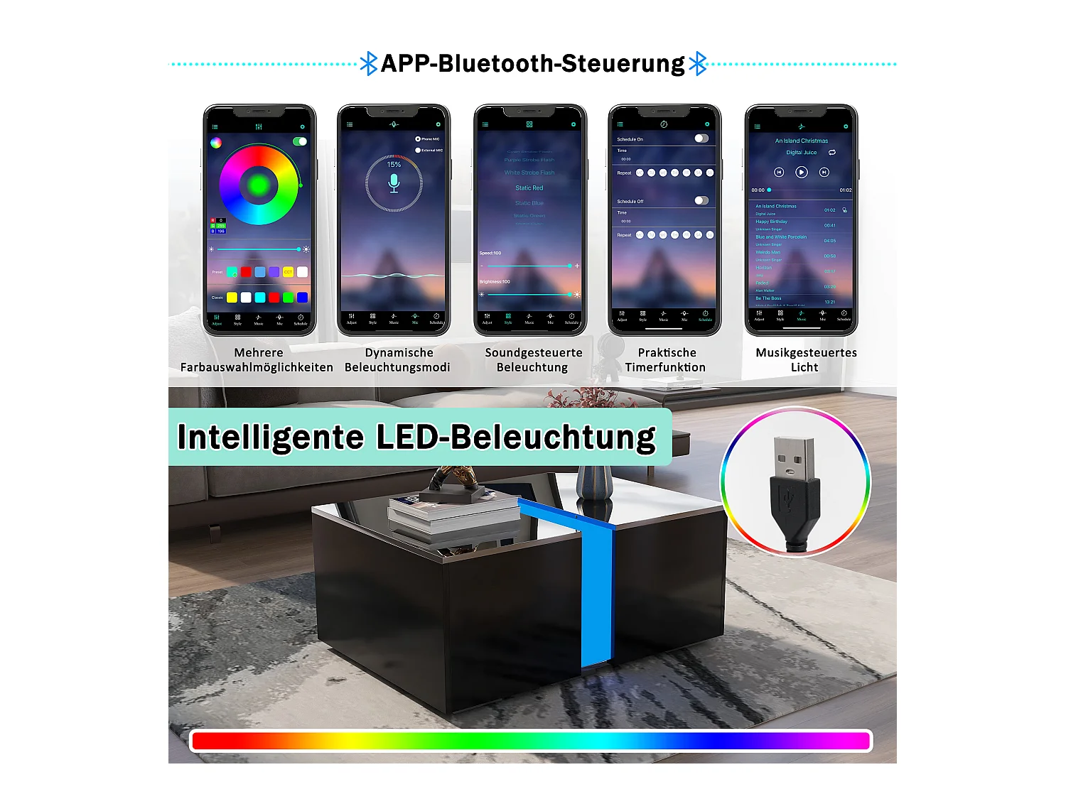 Mesa de centro moderna con LED y almacenaje oculto, aglomerado, color negro (73x60x34 cm)