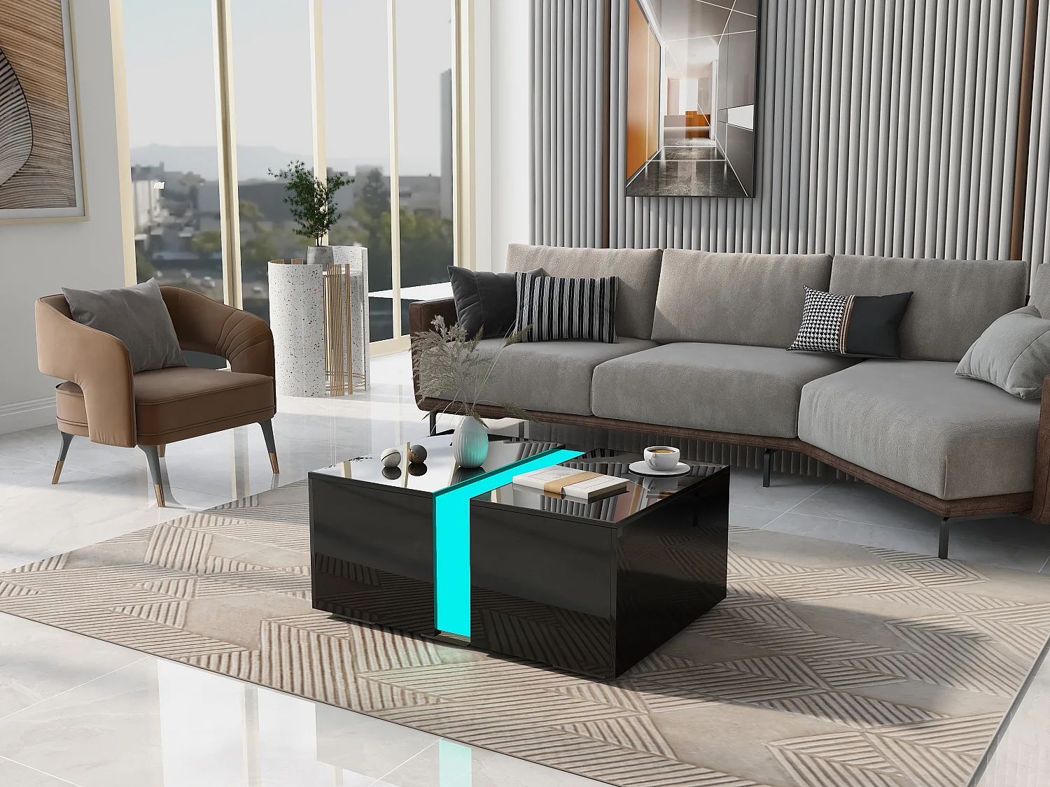 Mesa de centro moderna con LED y almacenaje oculto, aglomerado, color negro (73x60x34 cm)