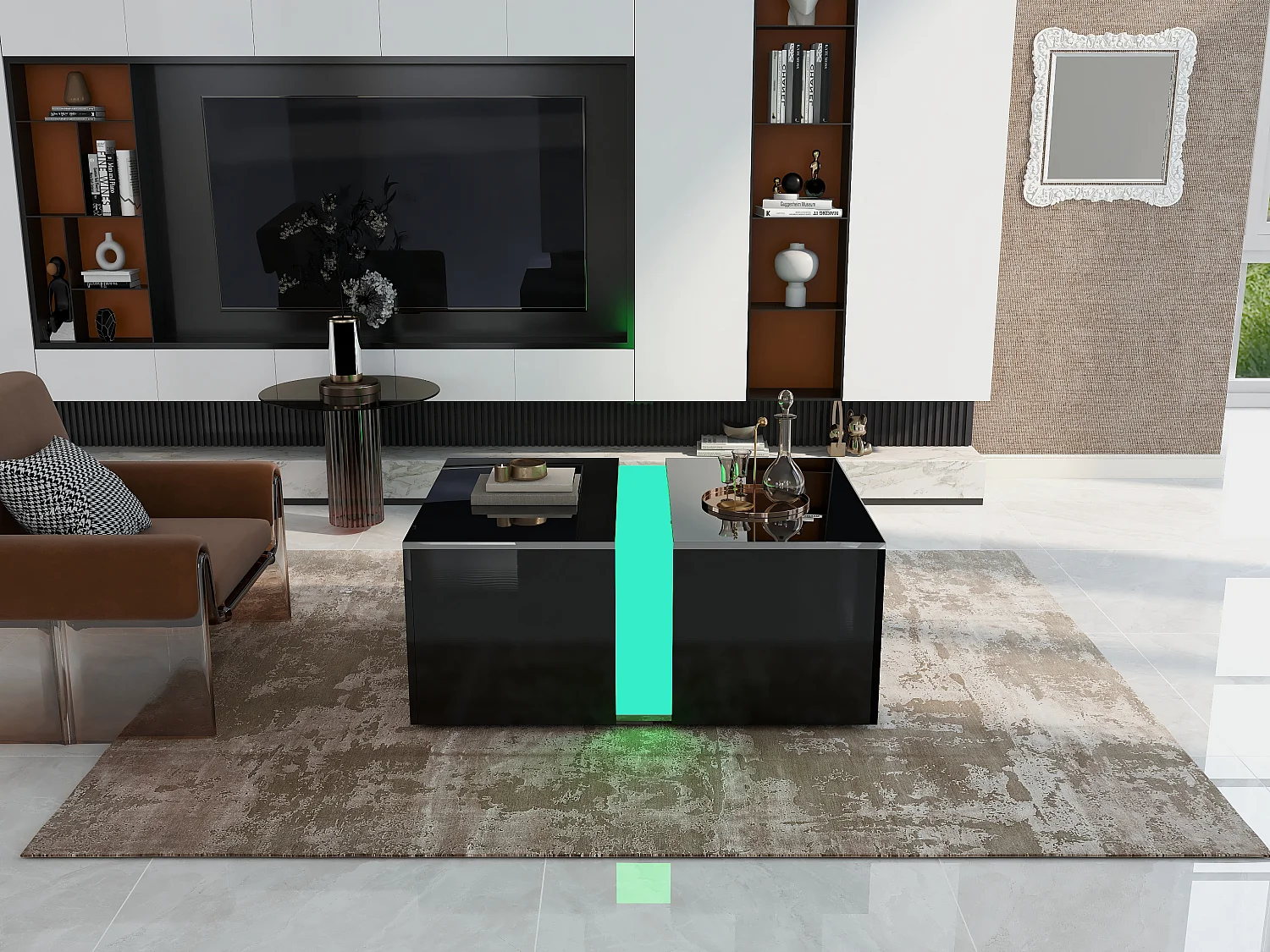 Mesa de centro moderna con LED y almacenaje oculto, aglomerado, color negro (73x60x34 cm)