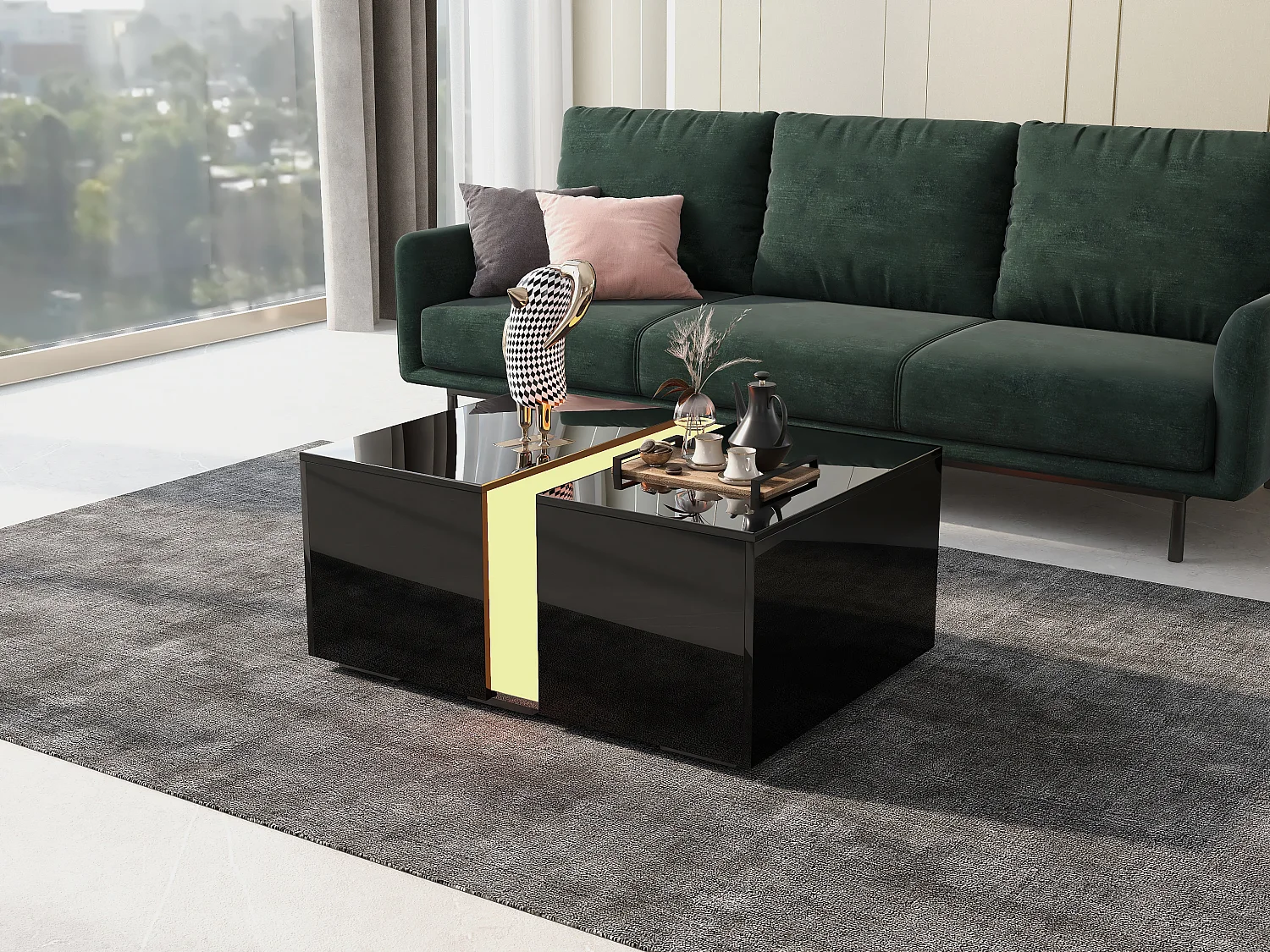 Mesa de centro moderna con LED y almacenaje oculto, aglomerado, color negro (73x60x34 cm)