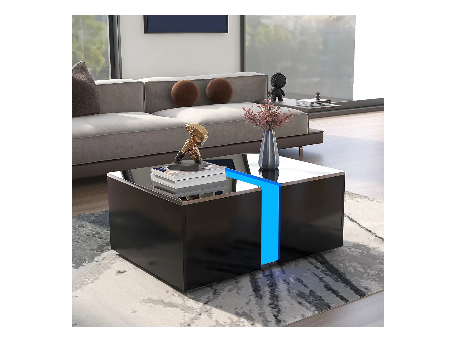 Table basse moderne avec LED et rangement caché, bois aggloméré, noir (73x60x34 cm)