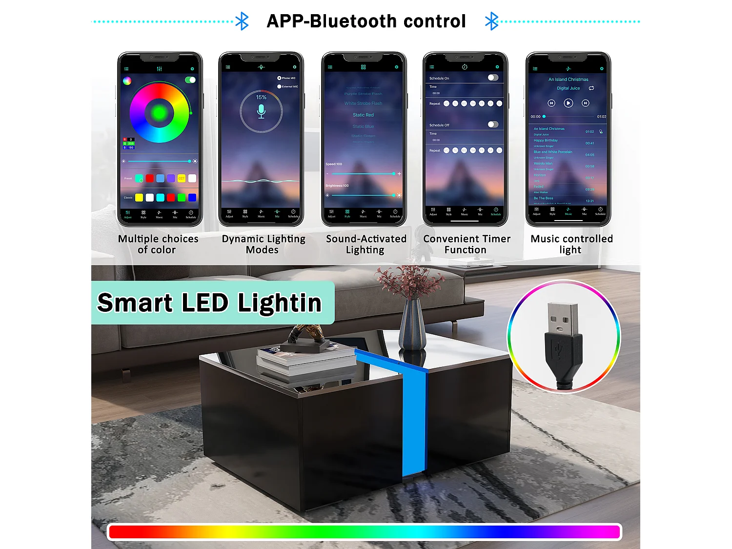 Tavolino moderno con LED e contenitore nascosto, in truciolato, nero (73x60x34 cm)