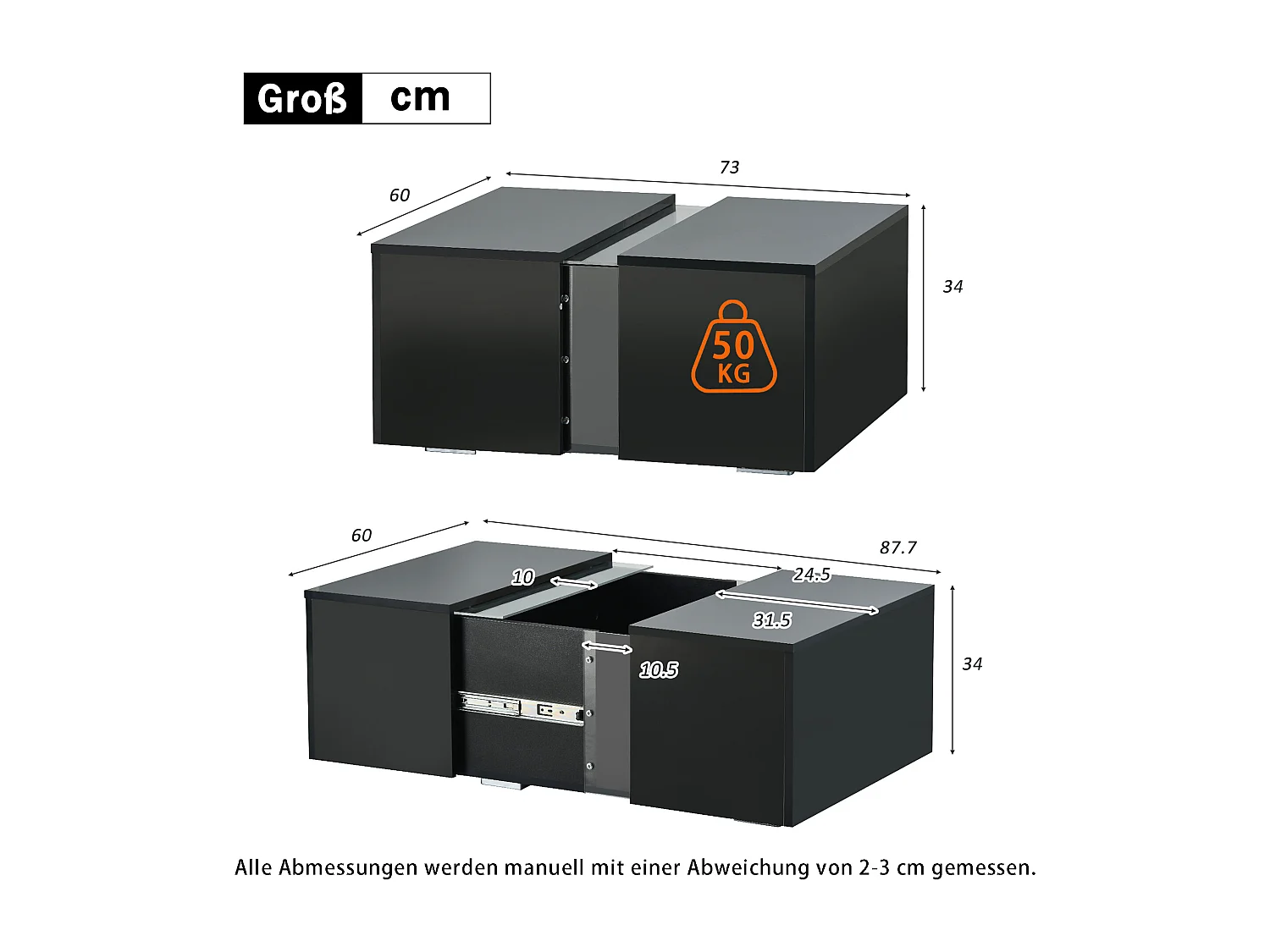 Tavolino moderno con LED e contenitore nascosto, in truciolato, nero (73x60x34 cm)