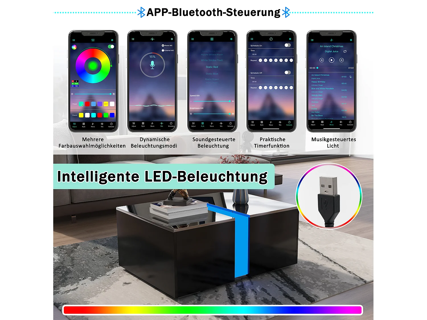 Tavolino moderno con LED e contenitore nascosto, in truciolato, nero (73x60x34 cm)