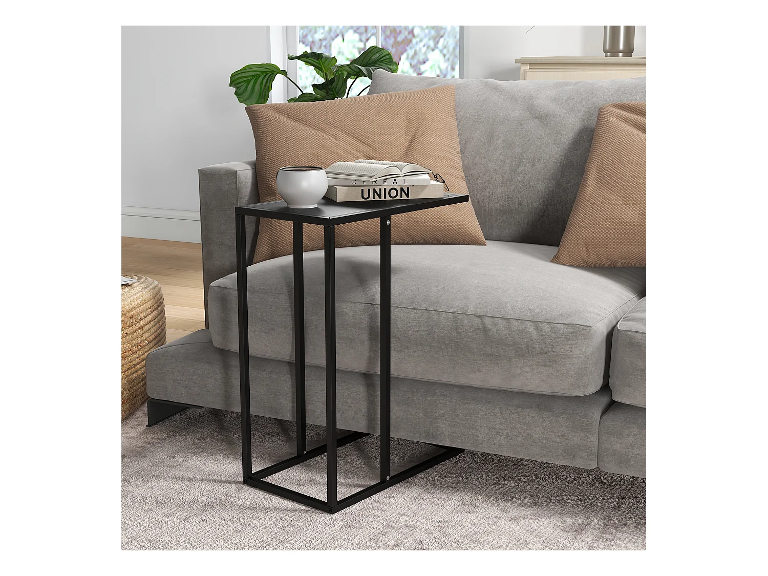 Table d'appoint en forme de C, acier noir, pour canapé et lit (46x26x60cm)