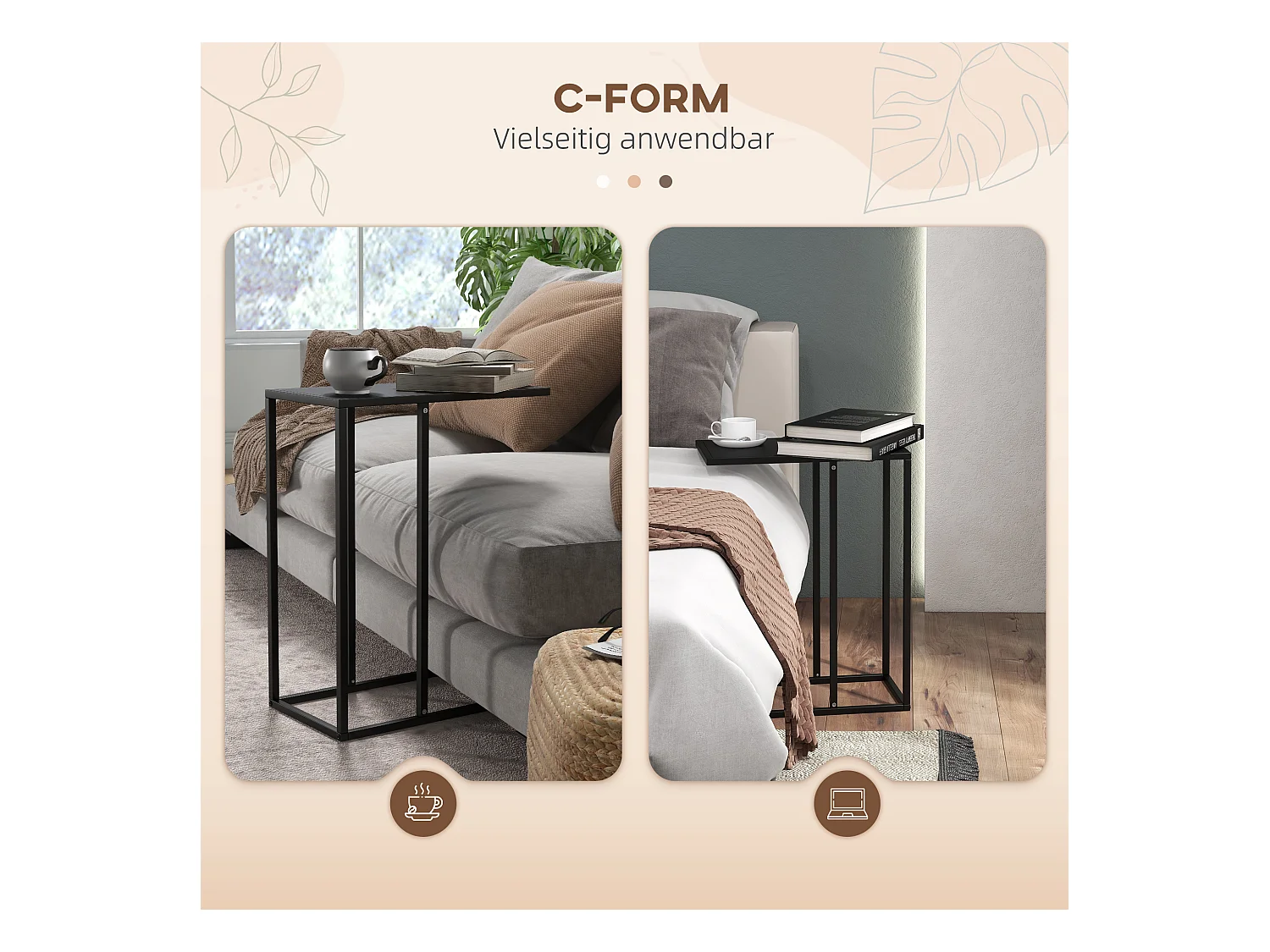 Table d'appoint en forme de C, acier noir, pour canapé et lit (46x26x60cm)