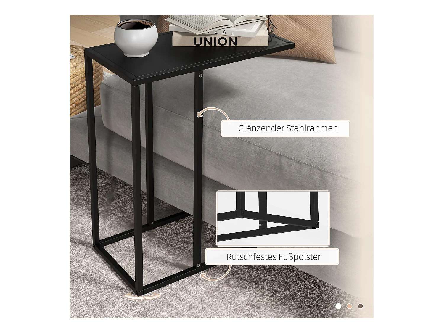 Table d'appoint en forme de C, acier noir, pour canapé et lit (46x26x60cm)