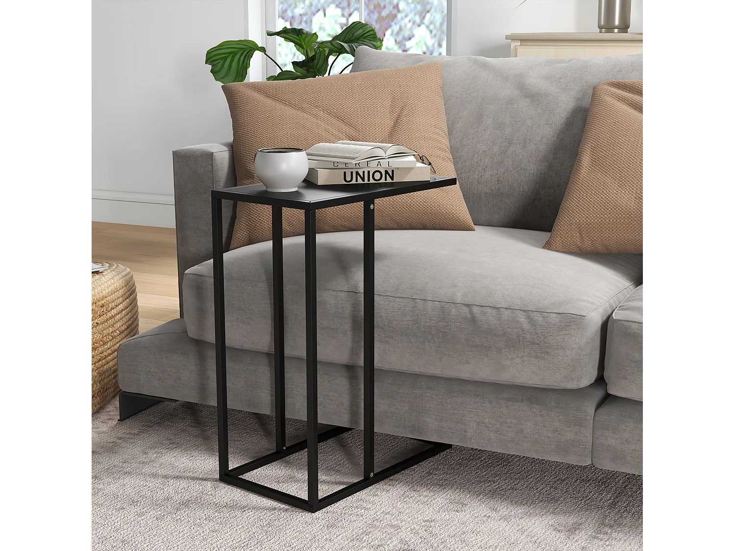 Table d'appoint en forme de C, acier noir, pour canapé et lit (46x26x60cm)