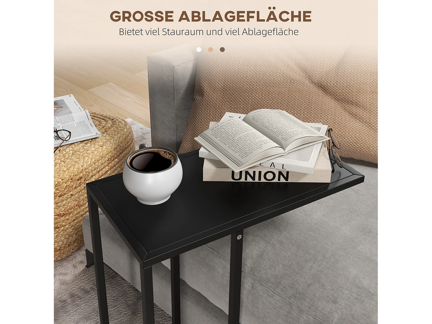 Table d'appoint en forme de C, acier noir, pour canapé et lit (46x26x60cm)