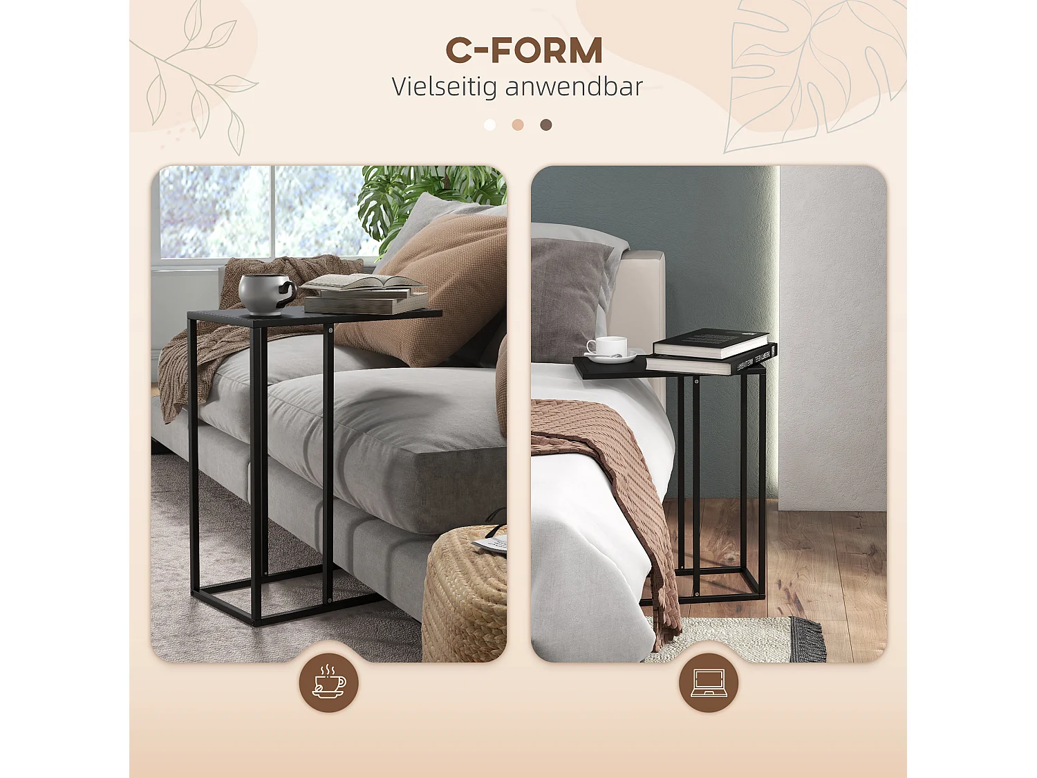 Table d'appoint en forme de C, acier noir, pour canapé et lit (46x26x60cm)