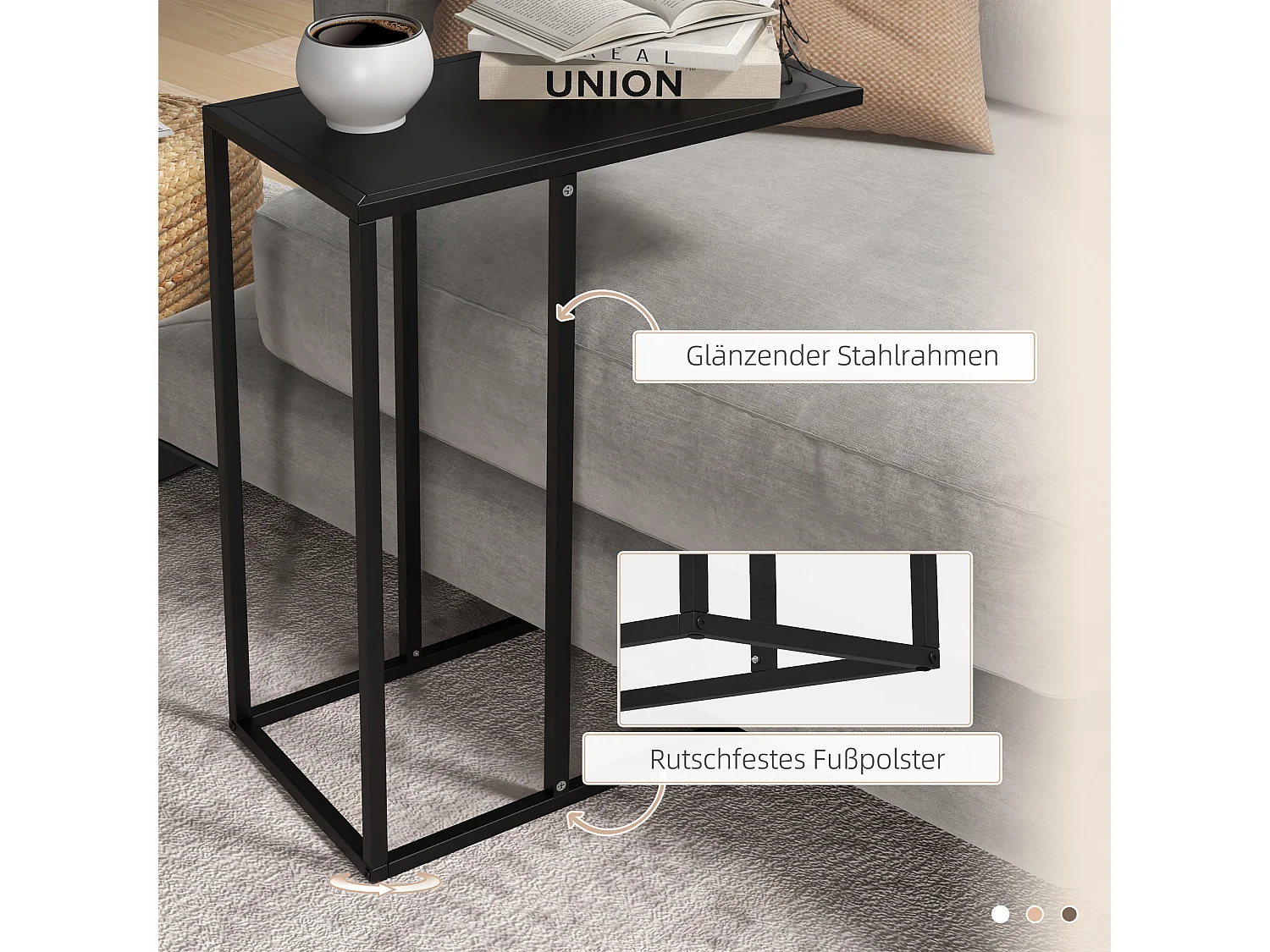 Table d'appoint en forme de C, acier noir, pour canapé et lit (46x26x60cm)