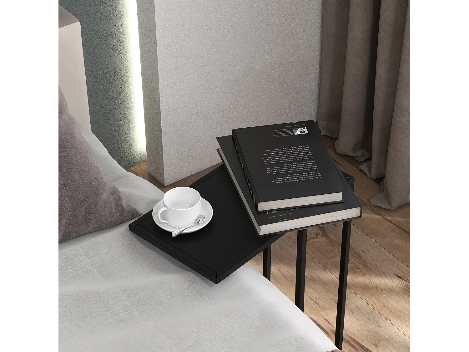 Table d'appoint en forme de C, acier noir, pour canapé et lit (46x26x60cm)