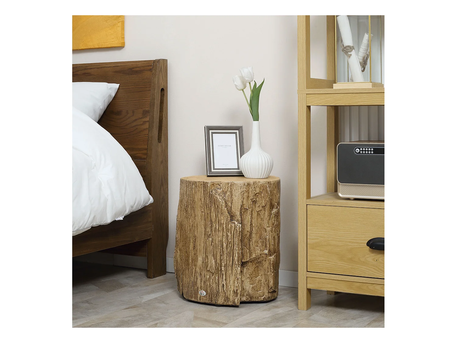 Table d'Appoint, Design en Tronc d'Arbre, Structure en Béton, Résistante à l'Eau, Naturelle (37x37x43 cm)