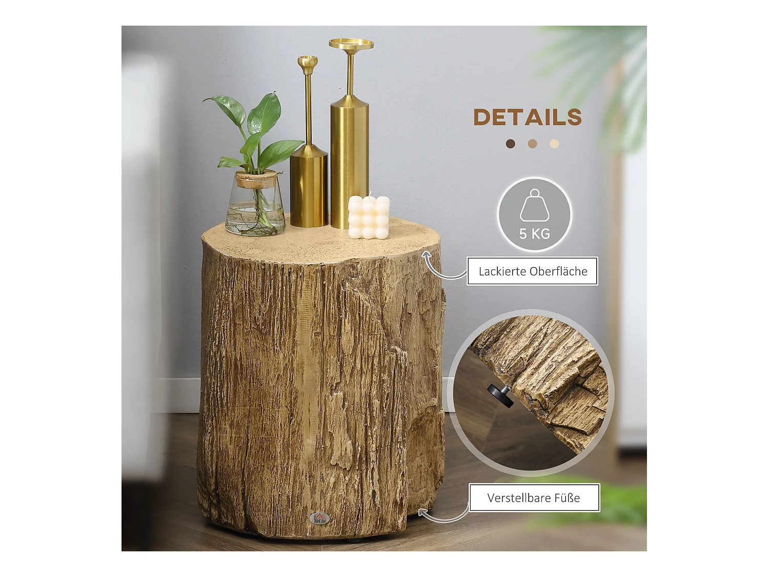 Table d'Appoint, Design en Tronc d'Arbre, Structure en Béton, Résistante à l'Eau, Naturelle (37x37x43 cm)