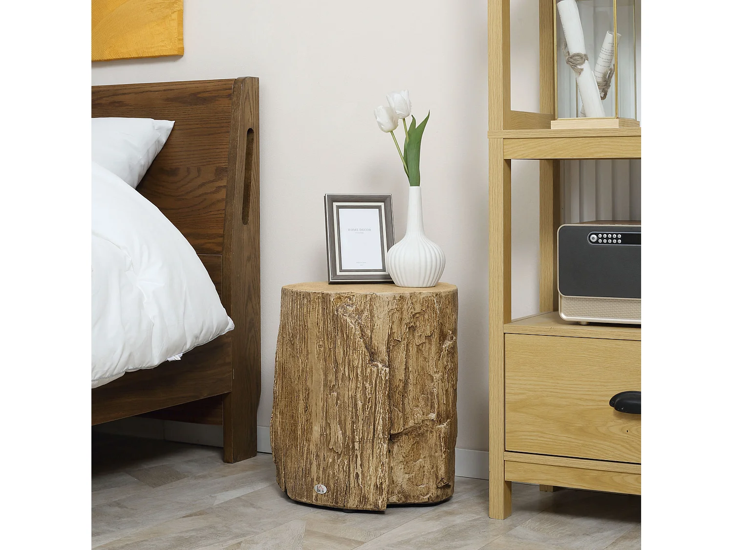 Table d'Appoint, Design en Tronc d'Arbre, Structure en Béton, Résistante à l'Eau, Naturelle (37x37x43 cm)