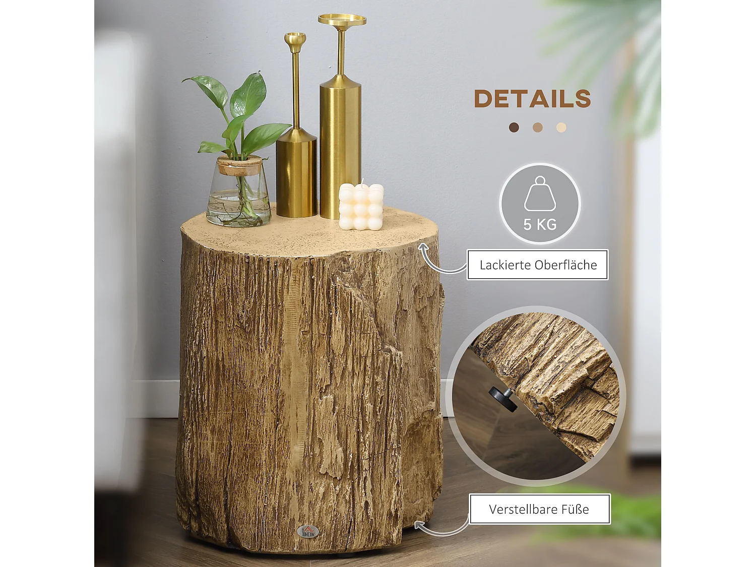 Table d'Appoint, Design en Tronc d'Arbre, Structure en Béton, Résistante à l'Eau, Naturelle (37x37x43 cm)