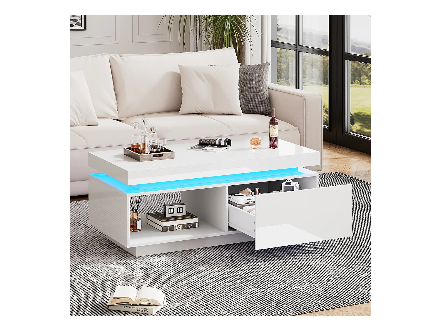 Moderne salontafel met ledverlichting, 2 lades, acryl panelen, wit (100x50x40,3 cm)