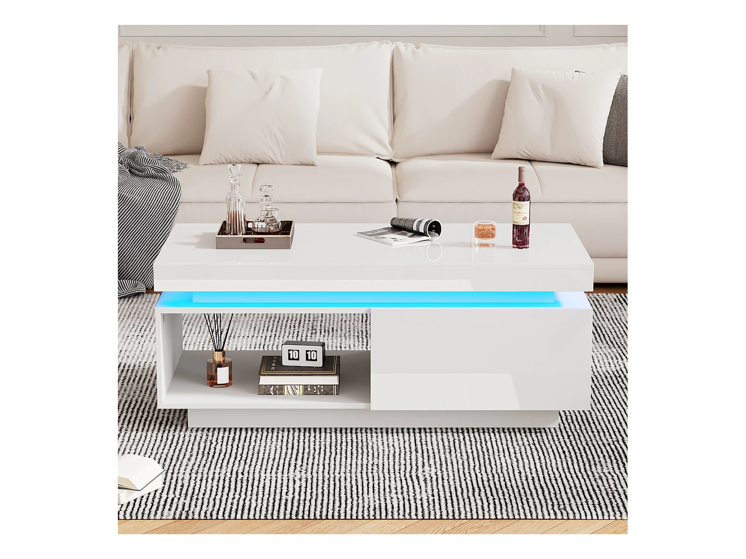 Moderne salontafel met ledverlichting, 2 lades, acryl panelen, wit (100x50x40,3 cm)