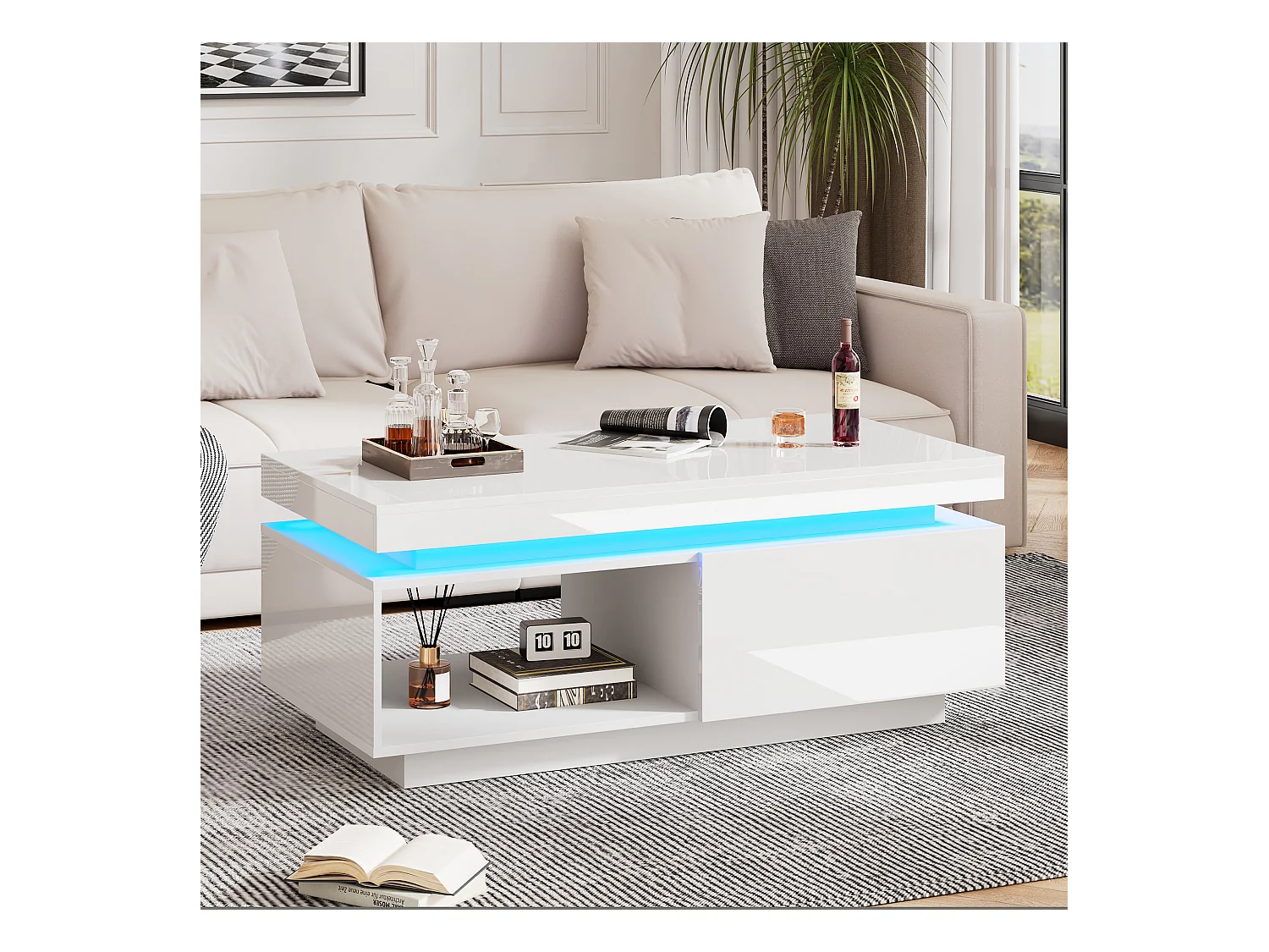 Moderne salontafel met ledverlichting, 2 lades, acryl panelen, wit (100x50x40,3 cm)