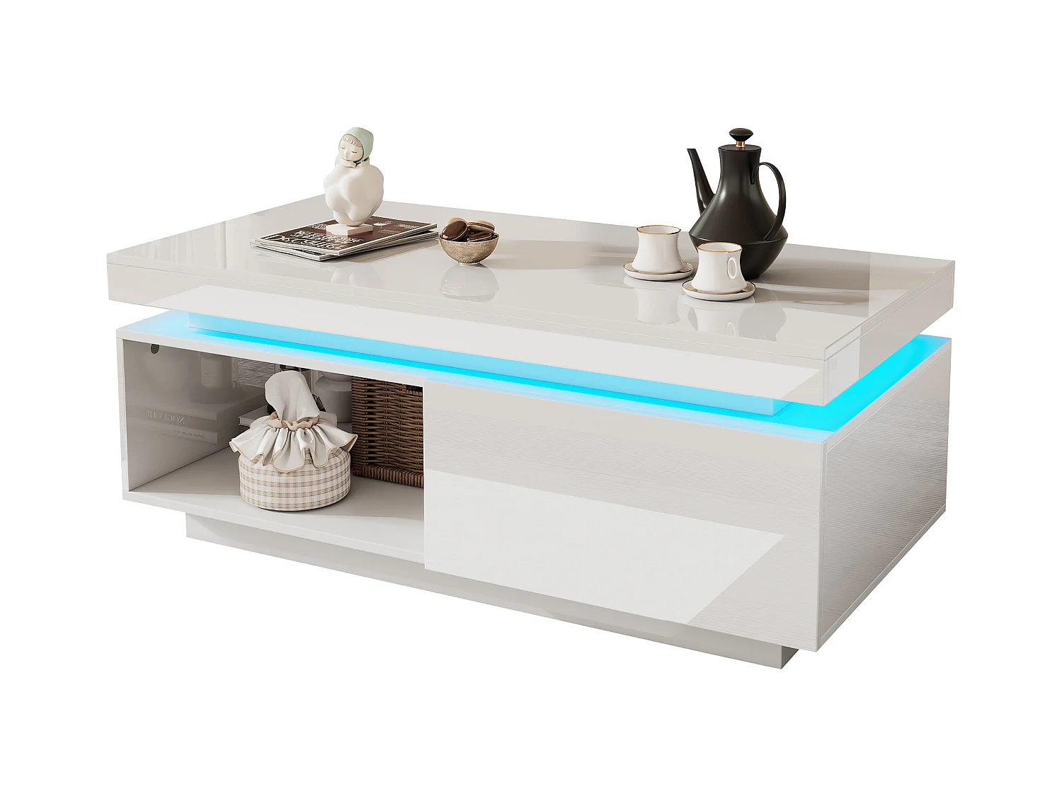 Moderne salontafel met ledverlichting, 2 lades, acryl panelen, wit (100x50x40,3 cm)