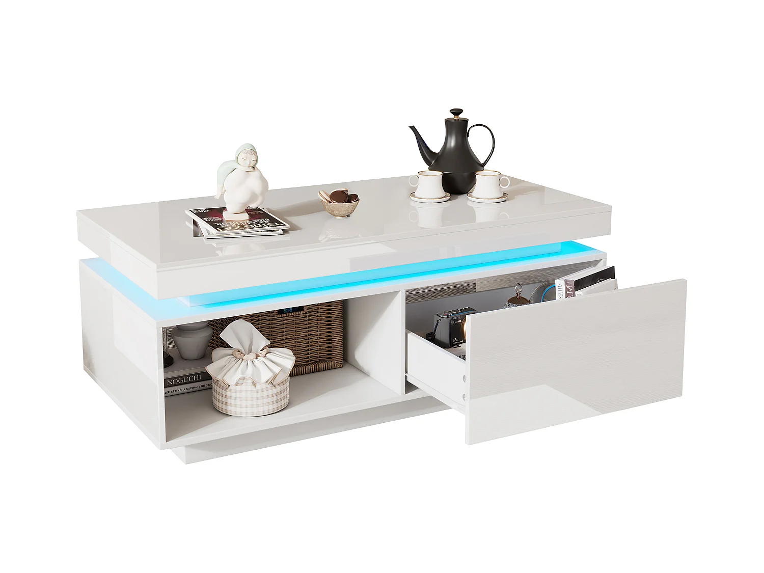 Moderne salontafel met ledverlichting, 2 lades, acryl panelen, wit (100x50x40,3 cm)