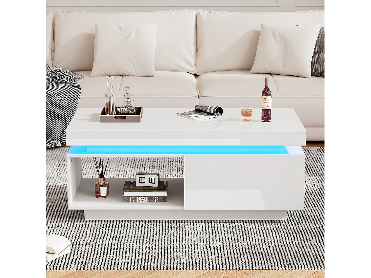 Table basse moderne avec éclairage LED, 2 tiroirs, panneaux en acrylique, blanc (100x50x40.3 cm)